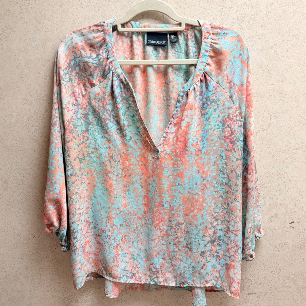 Cynthia Rowley L Womens Boho Revival Coastal Light Floral Coral Turquoise Blouse
